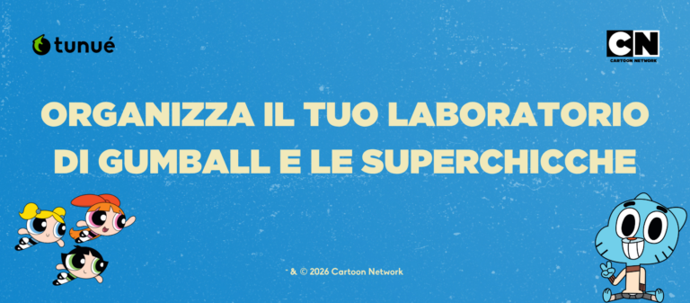 banner con sfondo azzurro, immagini di gumball e delle superchicche e la scritta organizza il tuo laboratorio di gumball e delle superchicche per promuovere laboratori in libreria